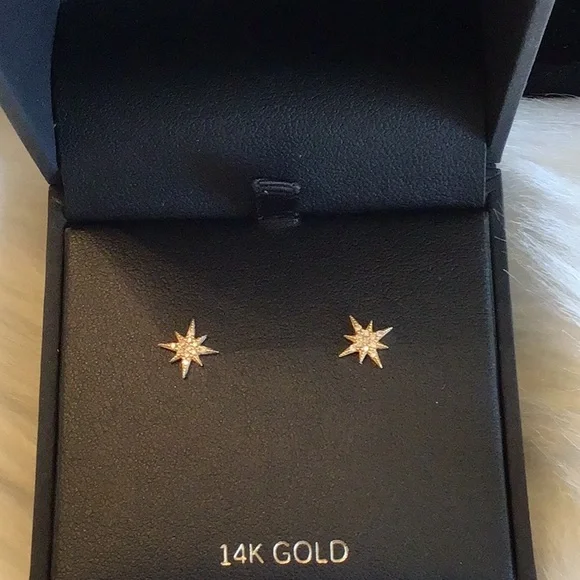14K Yellow Gold Dainty CZ Star Earrings - Picture 1 of 7